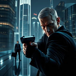 A cinematic scene depicting a professional assassin named Leon, characterized by his sharp suit and intense gaze, stealthily approaching a high-tech urban setting