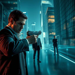 A cinematic scene depicting a professional assassin named Leon, characterized by his sharp suit and intense gaze, stealthily approaching a high-tech urban setting