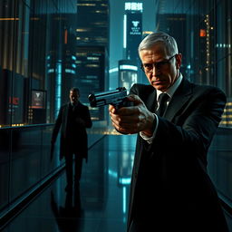 A cinematic scene depicting a professional assassin named Leon, characterized by his sharp suit and intense gaze, stealthily approaching a high-tech urban setting