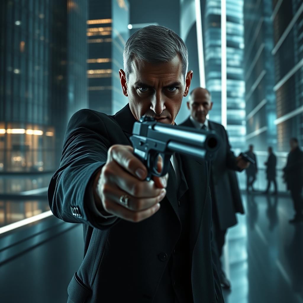 A cinematic scene depicting a professional assassin named Leon, characterized by his sharp suit and intense gaze, stealthily approaching a high-tech urban setting