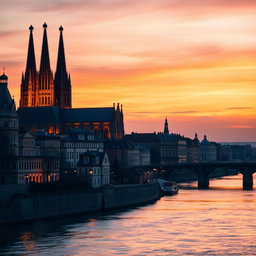 A stylish and elegant profile picture featuring a beautiful cityscape of La Cologne, Germany, at sunset