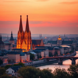 A stylish and elegant profile picture featuring a beautiful cityscape of La Cologne, Germany, at sunset