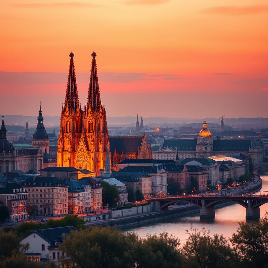 A stylish and elegant profile picture featuring a beautiful cityscape of La Cologne, Germany, at sunset