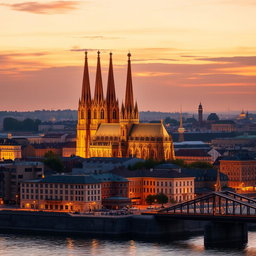 A stylish and elegant profile picture featuring a beautiful cityscape of La Cologne, Germany, at sunset
