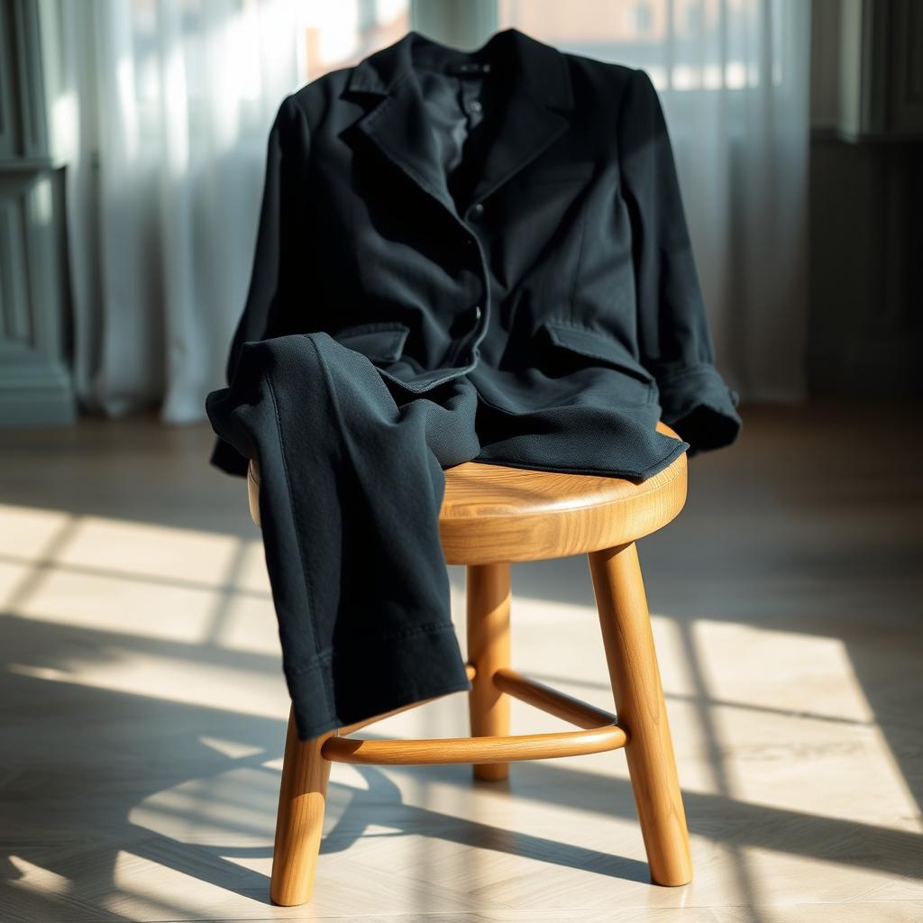 A stylish black outfit placed neatly on a wooden stool in an elegantly lit room