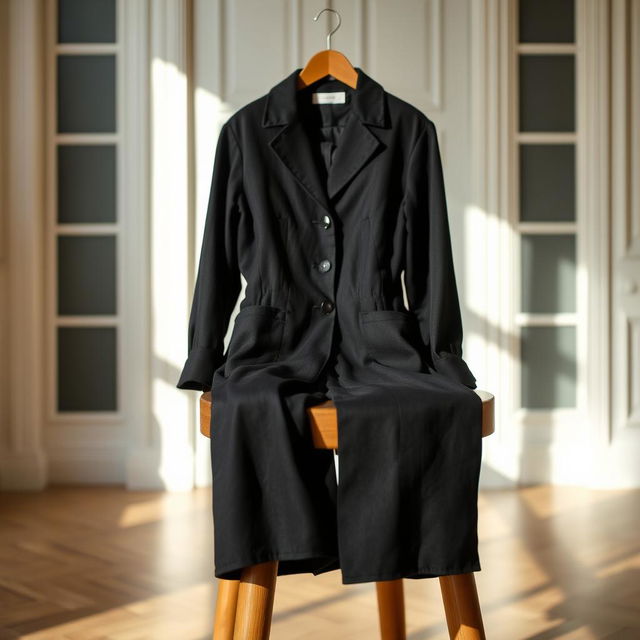 A stylish black outfit placed neatly on a wooden stool in an elegantly lit room
