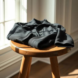 A stylish black outfit placed neatly on a wooden stool in an elegantly lit room