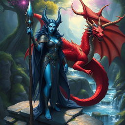 A badass female merfolk wizard with striking blue skin and large fish-like fin ears, standing confidently on a stone bridge