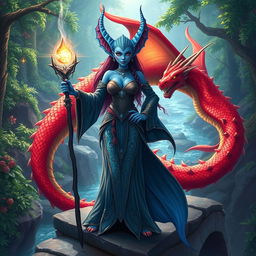 A badass female merfolk wizard with striking blue skin and large fish-like fin ears, standing confidently on a stone bridge