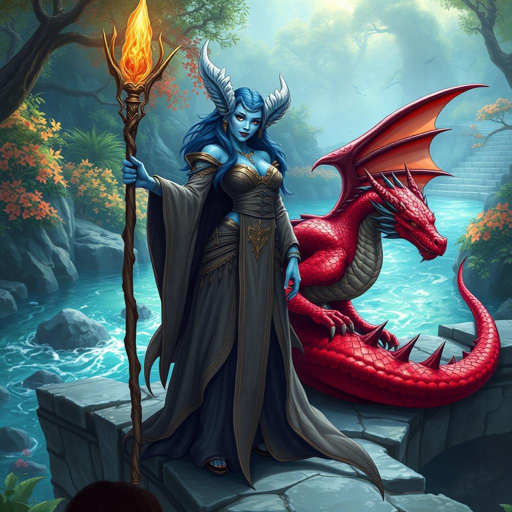 A badass female merfolk wizard with striking blue skin and large fish-like fin ears, standing confidently on a stone bridge