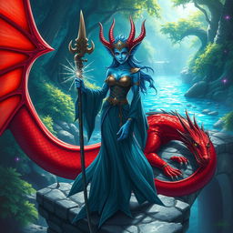 A badass female merfolk wizard with striking blue skin and large fish-like fin ears, standing confidently on a stone bridge