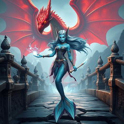 A female merfolk character with striking blue skin, showcasing a powerful and badass wizard persona