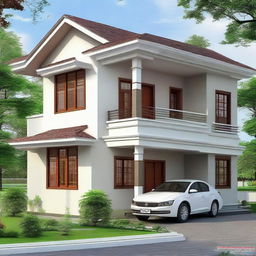 A beautiful two-story Assam design house with a sheet on the first floor and a balcony area.