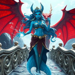 A female merfolk character with striking blue skin, showcasing a powerful and badass wizard persona