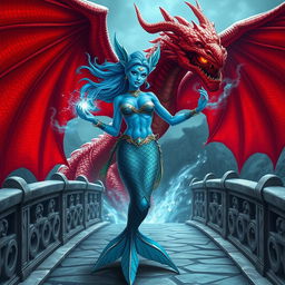 A female merfolk character with striking blue skin, showcasing a powerful and badass wizard persona