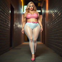 Full length photograph of a sexy, stunning, beautiful, curvy fat woman with long blond hair and crystal green eyes