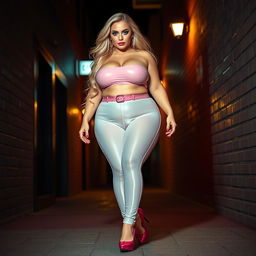 Full length photograph of a sexy, stunning, beautiful, curvy fat woman with long blond hair and crystal green eyes