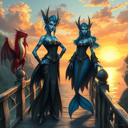 A powerful female merfolk with blue skin, featuring large, elegant fish fins and distinctive fin-like ears, stands confidently on a picturesque bridge