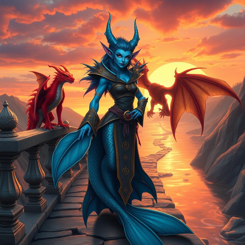 A powerful female merfolk with blue skin, featuring large, elegant fish fins and distinctive fin-like ears, stands confidently on a picturesque bridge