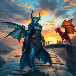 A powerful female merfolk with blue skin, featuring large, elegant fish fins and distinctive fin-like ears, stands confidently on a picturesque bridge