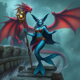 A fierce and badass female merfolk wizard with striking blue skin, large fish-like fin ears, standing confidently on an ancient stone bridge