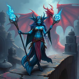 A fierce and badass female merfolk wizard with striking blue skin, large fish-like fin ears, standing confidently on an ancient stone bridge