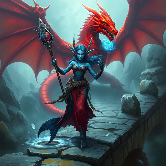 A fierce and badass female merfolk wizard with striking blue skin, large fish-like fin ears, standing confidently on an ancient stone bridge
