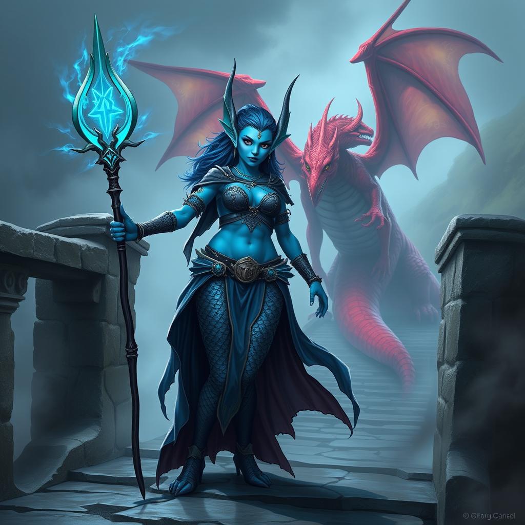 A fierce and badass female merfolk wizard with striking blue skin, large fish-like fin ears, standing confidently on an ancient stone bridge