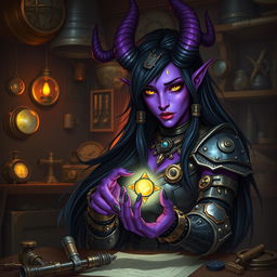 A female tiefling artificer with vibrant purple skin and long, flowing black hair adorned with metallic accents
