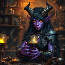A female tiefling artificer with vibrant purple skin and long, flowing black hair adorned with metallic accents