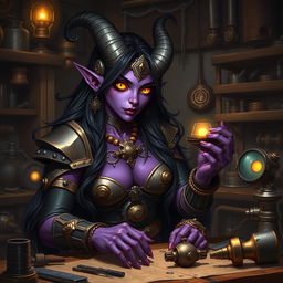 A female tiefling artificer with vibrant purple skin and long, flowing black hair adorned with metallic accents