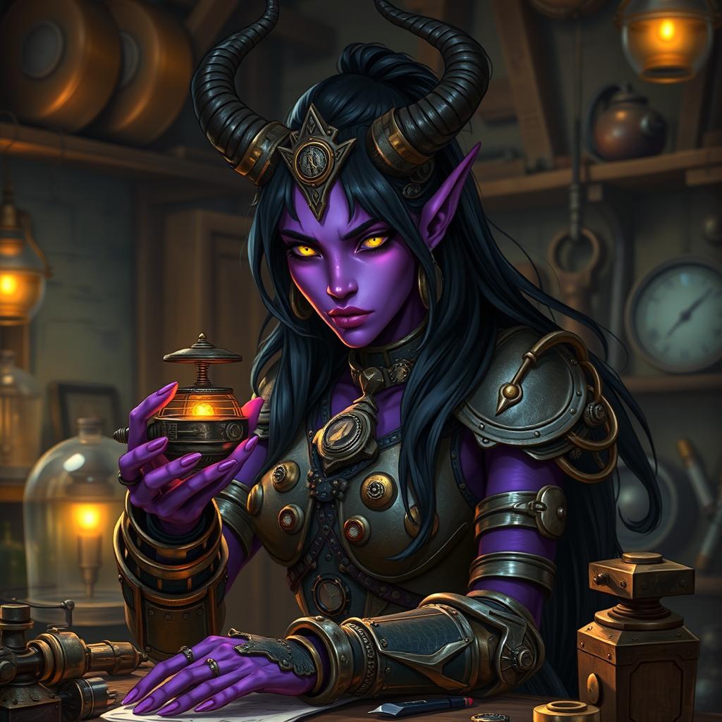 A female tiefling artificer with vibrant purple skin and long, flowing black hair adorned with metallic accents
