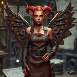 A female tiefling artificer stands confidently in her workshop, showcasing her intricate mechanical inventions
