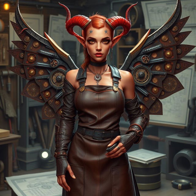 A female tiefling artificer stands confidently in her workshop, showcasing her intricate mechanical inventions