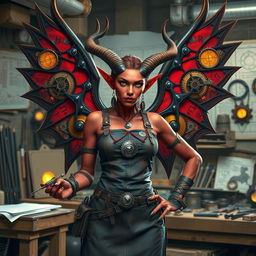 A female tiefling artificer stands confidently in her workshop, showcasing her intricate mechanical inventions