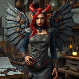A female tiefling artificer stands confidently in her workshop, showcasing her intricate mechanical inventions