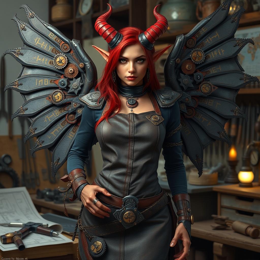A female tiefling artificer stands confidently in her workshop, showcasing her intricate mechanical inventions