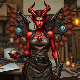 A female tiefling artificer stands confidently in her workshop, showcasing her intricate mechanical inventions