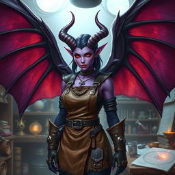 A female tiefling artificer with majestic, bat-like wings, showcasing her unique heritage and skills