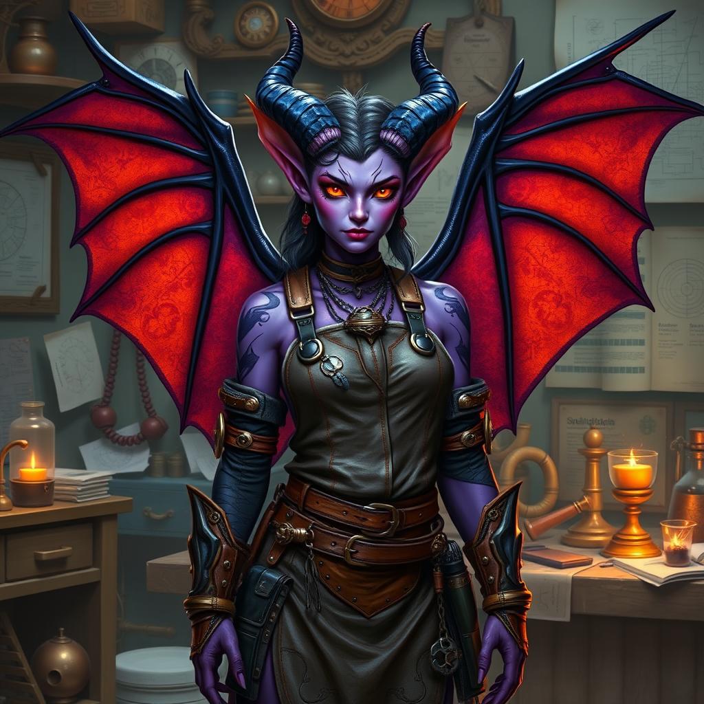 A female tiefling artificer with majestic, bat-like wings, showcasing her unique heritage and skills