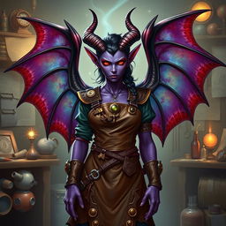 A female tiefling artificer with majestic, bat-like wings, showcasing her unique heritage and skills