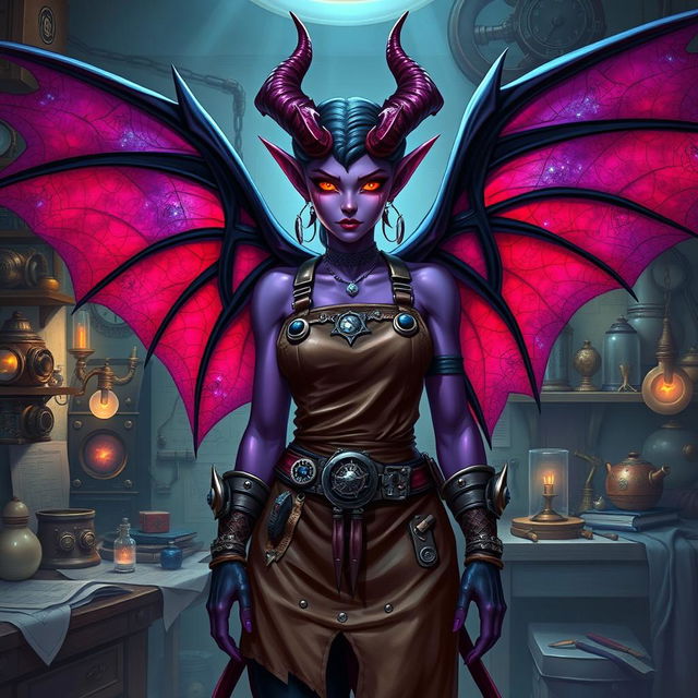 A female tiefling artificer with majestic, bat-like wings, showcasing her unique heritage and skills