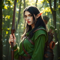 A female half-elf druid with pale skin, black hair cascading down her shoulders, and striking green eyes