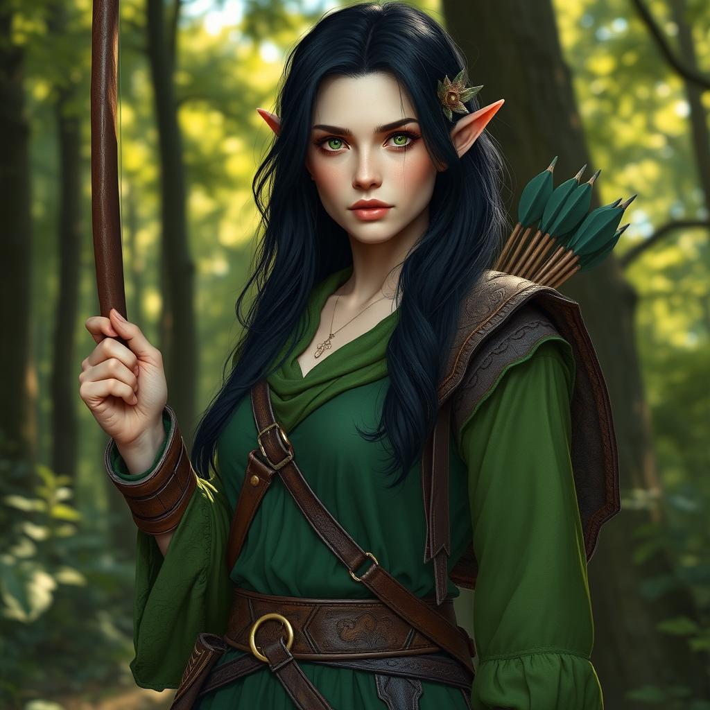 A female half-elf druid with pale skin, black hair cascading down her shoulders, and striking green eyes