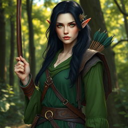 A female half-elf druid with pale skin, black hair cascading down her shoulders, and striking green eyes