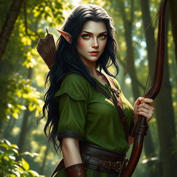 A female half-elf druid with pale skin, black hair cascading down her shoulders, and striking green eyes