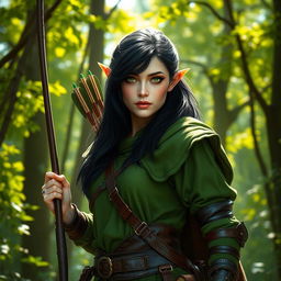 A female half-elf druid with pale skin, black hair cascading down her shoulders, and striking green eyes