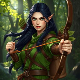 A female half-elf druid with pale skin, long flowing black hair, and striking green eyes
