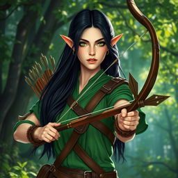 A female half-elf druid with pale skin, long flowing black hair, and striking green eyes