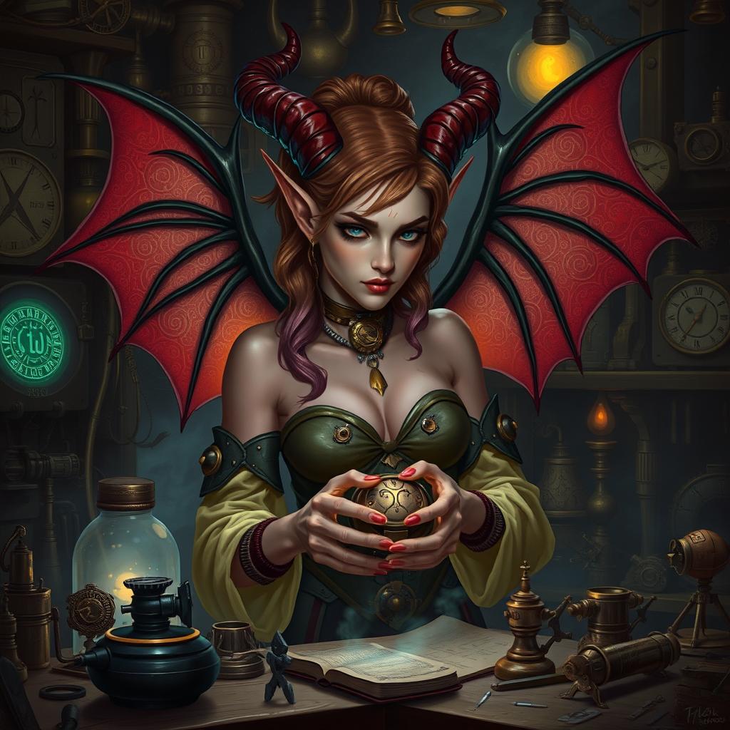 A female tiefling artificer, featuring characteristic tiefling horns and vibrant skin color, in the midst of a workshop filled with steampunk gadgets and magical artifacts